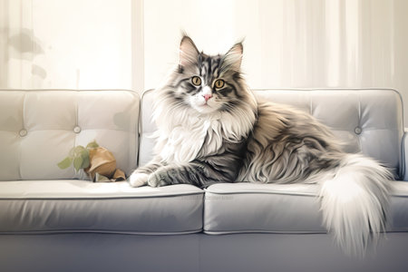 Image of cute norwegian forest cat lying on sofa. Pet. animals. Illustration, Generative AI.の素材