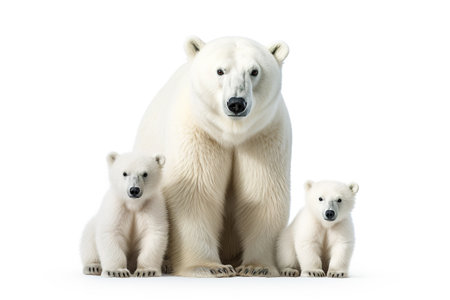 Image of family group of polar bears on white background. Wildlife Animals. Illustration, Generative AI.の素材
