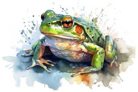 Watercolor painting of a green frog on a white background. Amphibian. Illustration, Generative AI.の素材