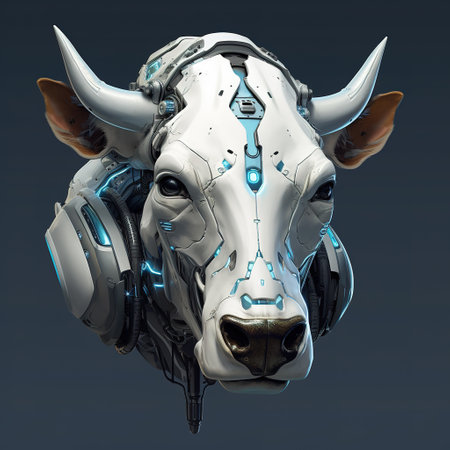 A cow head that is a futuristic machine of the future world. Farm animals. Illustration, Generative AI.の素材