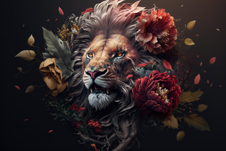 Image of a lion head surrounded by colorful tropical flowers. Wildlife Animals. Illustration, Generative AI.の素材