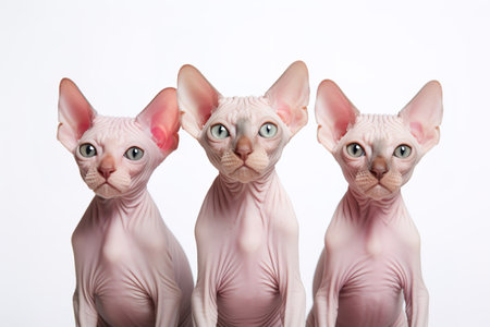 Image of family group of sphynx cats on white background. Pet. Animals. Illustration, Generative AI.の素材