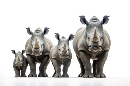 Image of family group of rhinoceross on white background. Wildlife Animals. Illustration, Generative AI.の素材