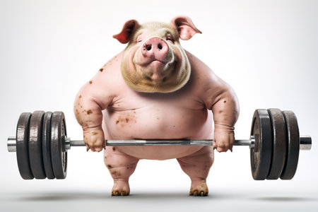Image of fat pig exercising with a barbell. Farm animals. Weightlifting, Exercise, Illustration, Generative AI.の素材