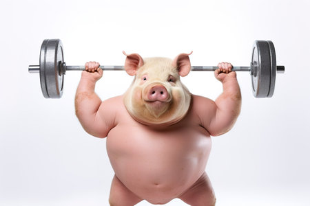 Image of fat pig exercising with a barbell. Farm animals. Weightlifting, Exercise, Illustration, Generative AI.の素材