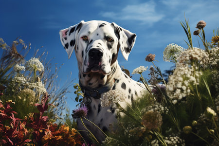 Image of dalmatian dog is in the garden with beautiful flowers in which the background is a bright sky. Pet. Animals. Generative AI. Illustration.の素材