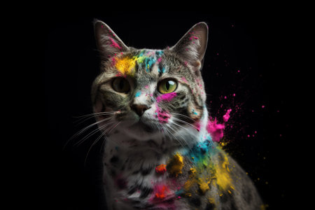 Image of colorful cat head on black background. Pet. Illustration, Generative AI.の素材