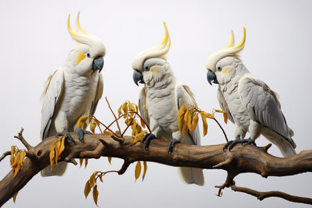 Image of group of white cockatoo on the branch on a white background. Birds. Pet. Animals. Illustration, Generative AI.の素材