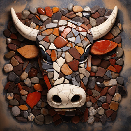 Image of a cow face made with various stones gathered together. Farm animals. Illustration, Generative AI.の素材