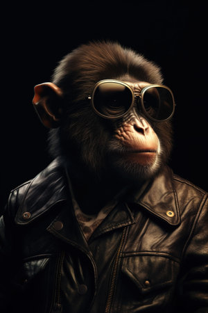 Image of stylish cool monkey wearing sunglasses as fashion and wore a leather jacket. Modern fashion, Animals, Illustration, Generative AI.の素材