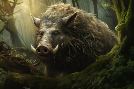 Image of wild boar in the fertile forest. Wildlife Animals. Illustration, Generative AI.の素材