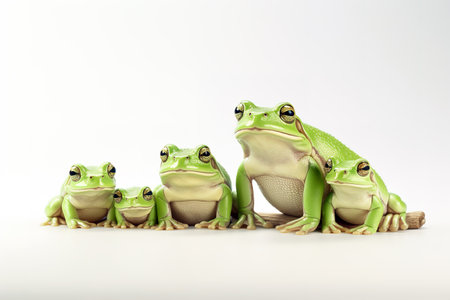 Image of family group green frogs on a white background. Amphibian. illustration. Generative AI.の素材