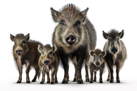 Image of family group of boar on white background. Wildlife Animals. Illustration, Generative AI.の素材