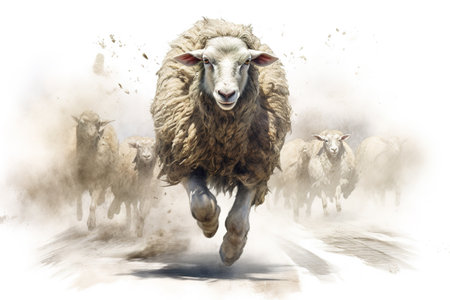 Image of a sheep is running toward you. Farm animals. Illustration, Generative AI.の素材