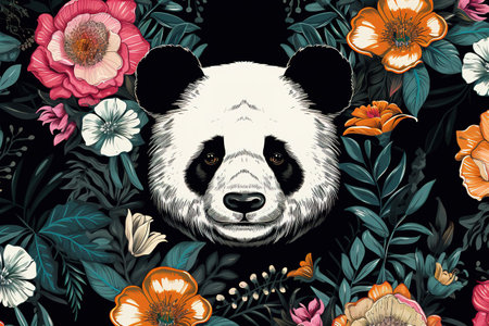 Image of pattern design using panda and flowers and leaves. Wildlife Animals. Illustration, Generative AI.の素材