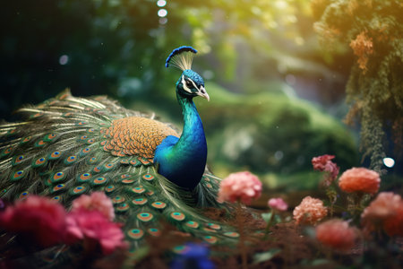 Image of a peacock in the forest, Bird, Wildlife Animals., Generative AI, Illustration.の素材