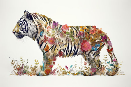 Image of a tiger surrounded by colorful tropical flowers. Wildlife Animals. Illustration, Generative AI.の素材