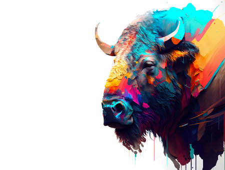Image of abstract fantasy colorful bison head. Wildlife Animals., Generative AI, Illustration.の素材