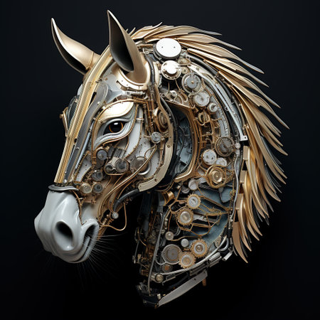 Image of horse head that is a futuristic machine of the future world. Wildlife Animals. Illustration, Generative AI.の素材
