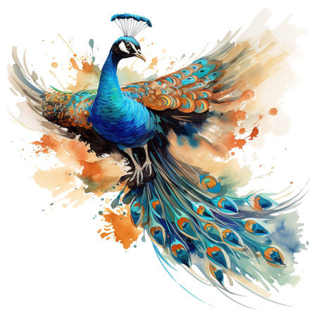 Image of painting peacock on white background. Bird. Wildlife Animals. Illustration, Generative AI.の素材