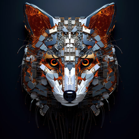 Image of fox face made with electronic components on clean background. Wildlife Animals. Illustration, Generative AI.の素材