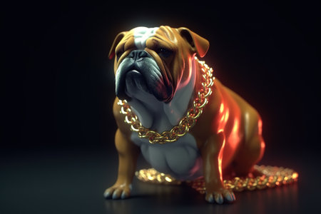 Bulldog wearing gold chain collar. Pet. Illustration, Generative AI.の素材