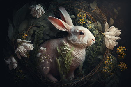 Image of rabbit with beautiful flowers. Wildlife Animals. Illustration, Generative AI.の素材