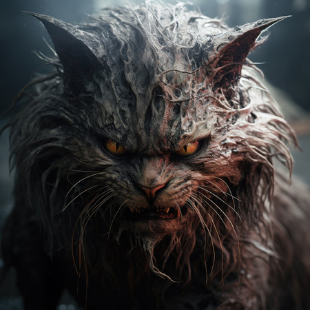 Image of an angry demon cat terrifying and flames on dark background. Pet. Animals. Illustration, Generative AI.の素材