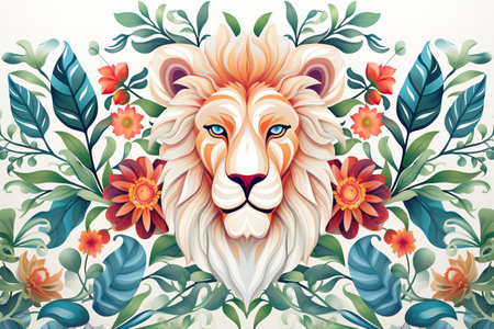 Image of pattern design using lion face and flowers and leaves. Wildlife Animals. Illustration, Generative AI.の素材