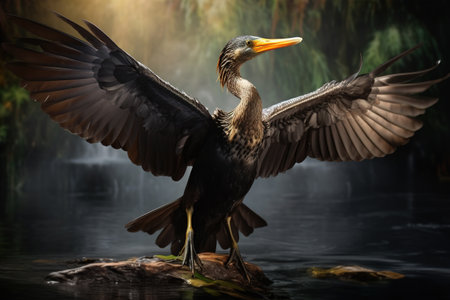 Image of cormorant spreads its wings in the fertile forest. Bird. Nature. Illustration, Generative AI.の素材