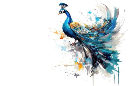 Image of painting peacock on white background. Bird. Wildlife Animals. Illustration, Generative AI.の素材