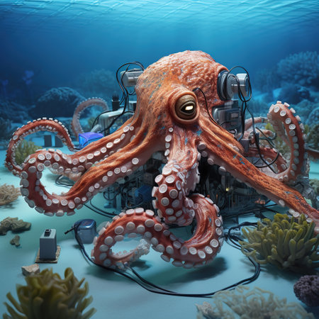 Image of octopus that is a futuristic machine of the future world. Undersea animals. Illustration, Generative AI.の素材