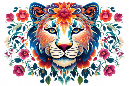 Image of pattern design using lion face and flowers and leaves. Wildlife Animals. Illustration, Generative AI.の素材