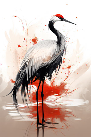 Image of beautiful red crowned crane painting. Bird. Wildlife Animals., Generative AI, Illustration.の素材