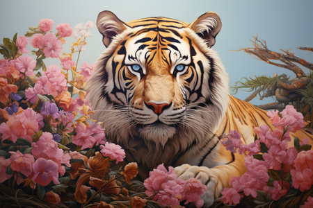 Image of tiger head in a beautiful field of flowers. Wildlife Animals., Generative AI, Illustration.の素材