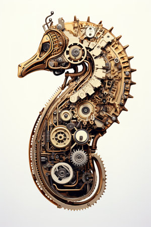 A seahorse made of electronic machinery on a white background. Undersea animals. illustration. Generative AI.の素材