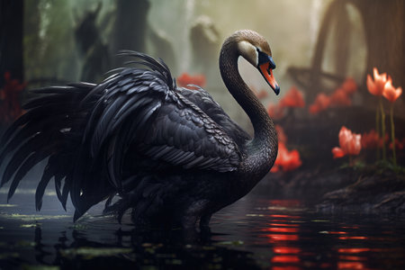 Image of black swan on the water in the swamp in the fertile forest. Nature. Illustration, Generative AI.の素材