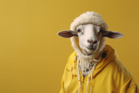 Image of portrait of a sheep hip hop outfit costume, Fashion. Illustration, Generative AI.の素材
