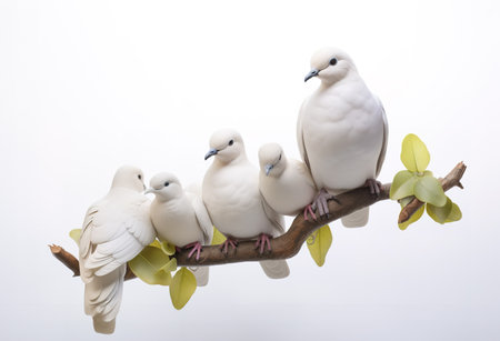 Image of group of javanese dove on a branch on a white background. Birds. Animals. Illustration, Generative AI.の素材