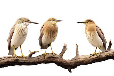 Image of group of chinese pond heron on a branch on a white background. Birds. Animals. Illustration, Generative AI.の素材