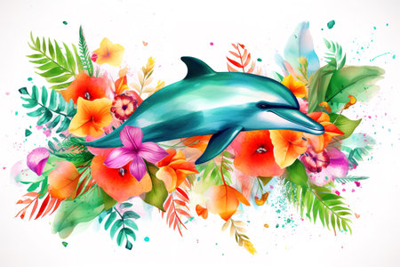 Image of a dolphin surrounded by colorful tropical flowers. Sea animals. Illustration, Generative AI.の素材