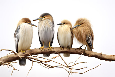 Image of group of chinese pond heron on a branch on a white background. Birds. Animals. Illustration, Generative AI.の素材