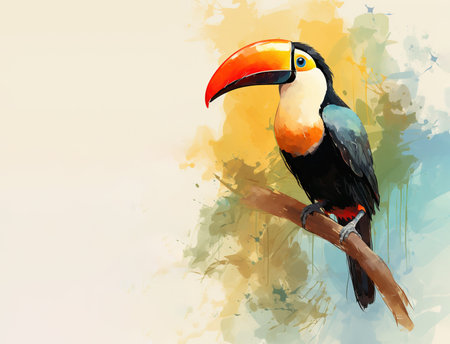 Beautiful drawing of a toucan bird perched on a branch. Birds. Wildlife Animals. Illustration, Generative AI.の素材