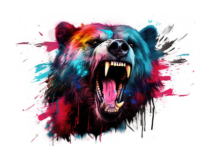 Image of colorful bear is very angry on white background. Wildlife Animals. Illustration, Generative AI.の素材