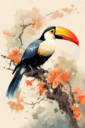 Beautiful drawing of a toucan bird perched on a branch. Birds. Wildlife Animals. Illustration, Generative AI.の素材