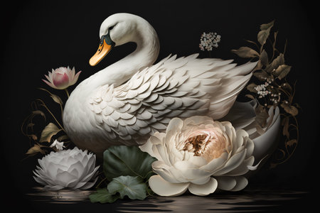 Image of a swan surrounded by colorful flowers. Wildlife Animals. Illustration, Generative AI.の素材