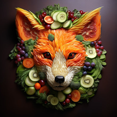 Image of fox face made with vegetables and fruits on clean background. Wildlife Animals. Illustration, Generative AI.の素材