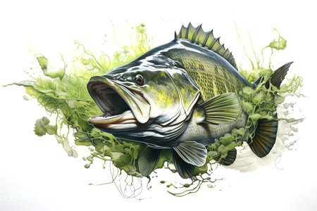 Image of largemouth bass fish. Underwater animals. Illustration, Generative AI.の素材