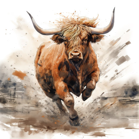 Watercolor painting of cow highland running on white background. Wildlife Animals. Illustration, Generative AI.の素材