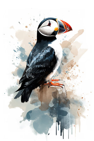 Image of beautiful watercolor painting of puffin bird., Birds, Wildlife Animals, Illustration, Generative AI.の素材
